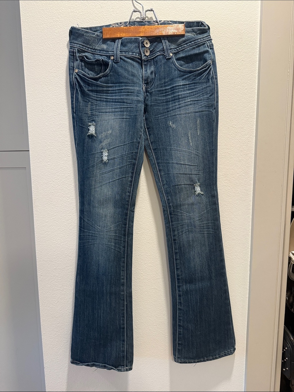 refuge Distressed Dark Blue Flare Jeans